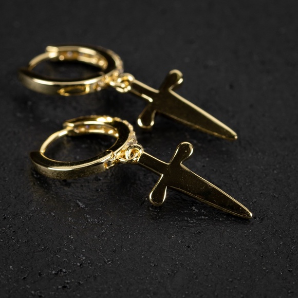 Yellow Gold Sterling Silver Iced Dagger Cross Dangle Drop Huggie Hoop Earrings - Picture 4 of 5